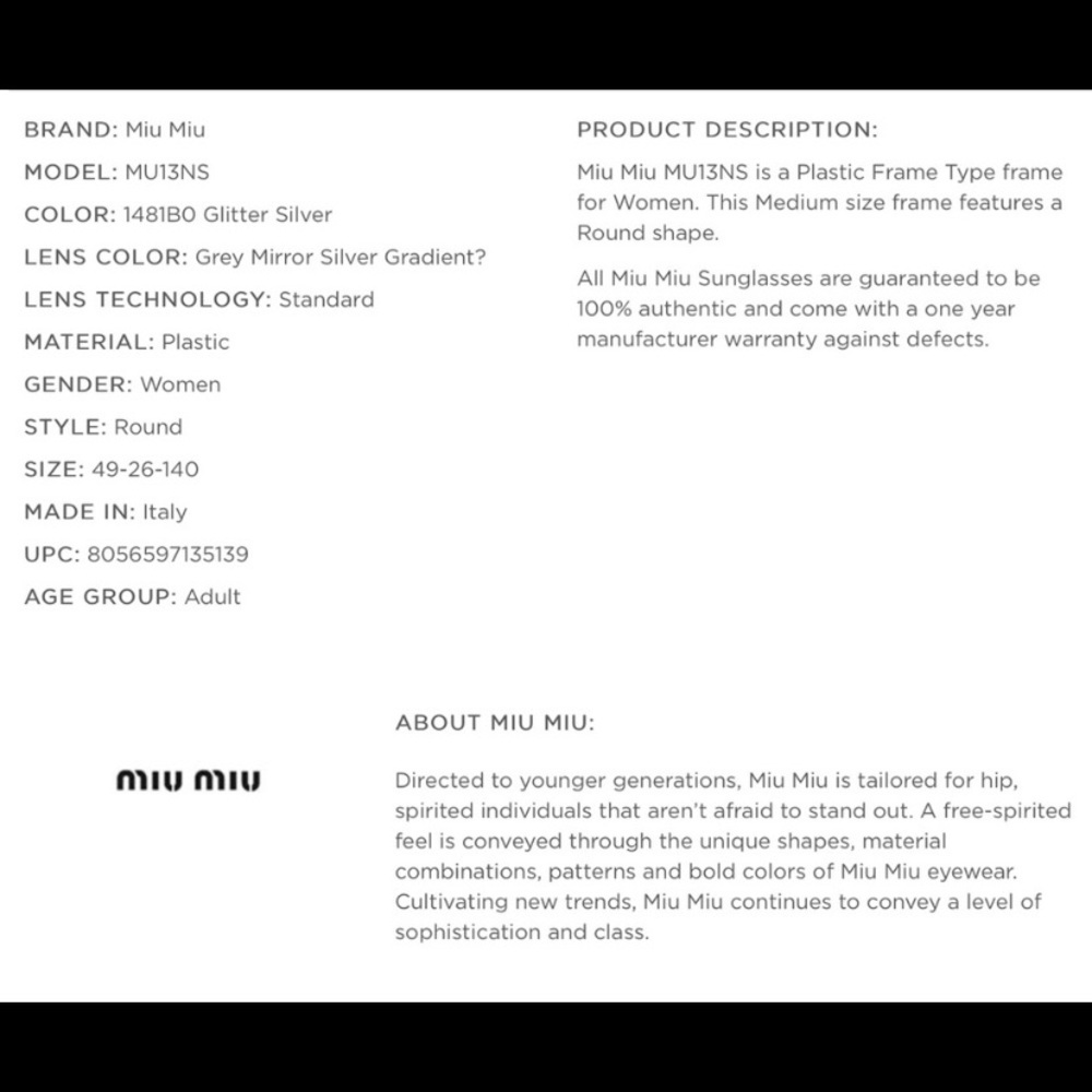 SOLD 🔺MIU MIU ROUND GLITTER MIRROR SUNGLASSES - Picture 11 of 13